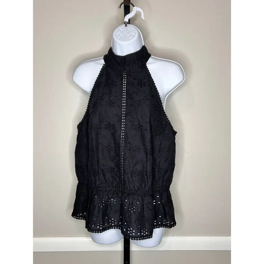 ☀️RYEGRASS Black Eyelet Detail Sleeveless Halter Size Large NWOT - Picture 5 of 8